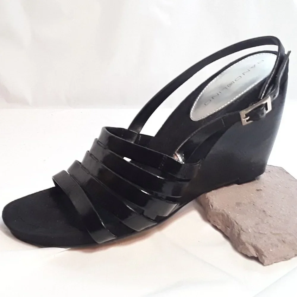 BANDOLINO Black Patent Leather Sling Back Platform Wedge Sandals SZ 8 - NWOB
